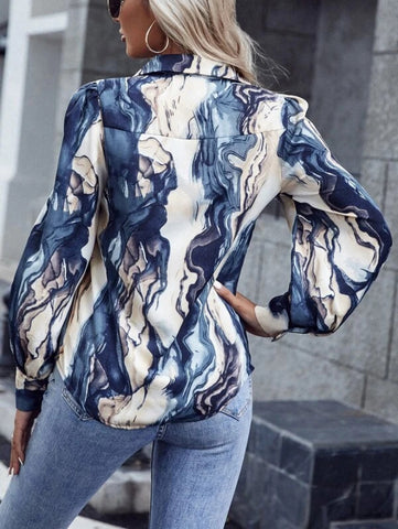 Marble Print Puff Sleeve Shirt