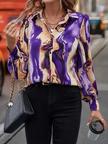 Marble Print Puff Sleeve Shirt