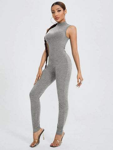 SXY Solid Mock Neck Unitard Jumpsuit