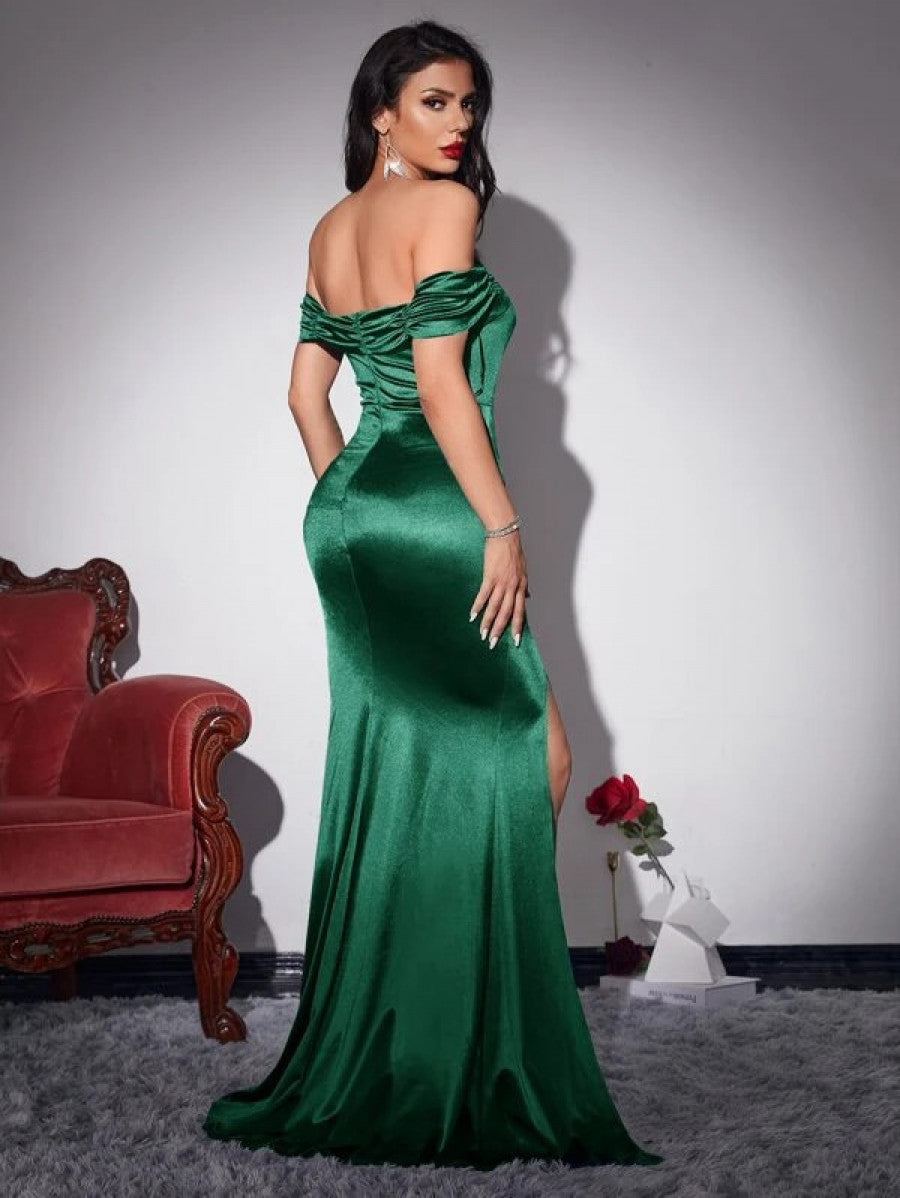 Ruched Off Shoulder Slit Thigh Satin Prom Dress