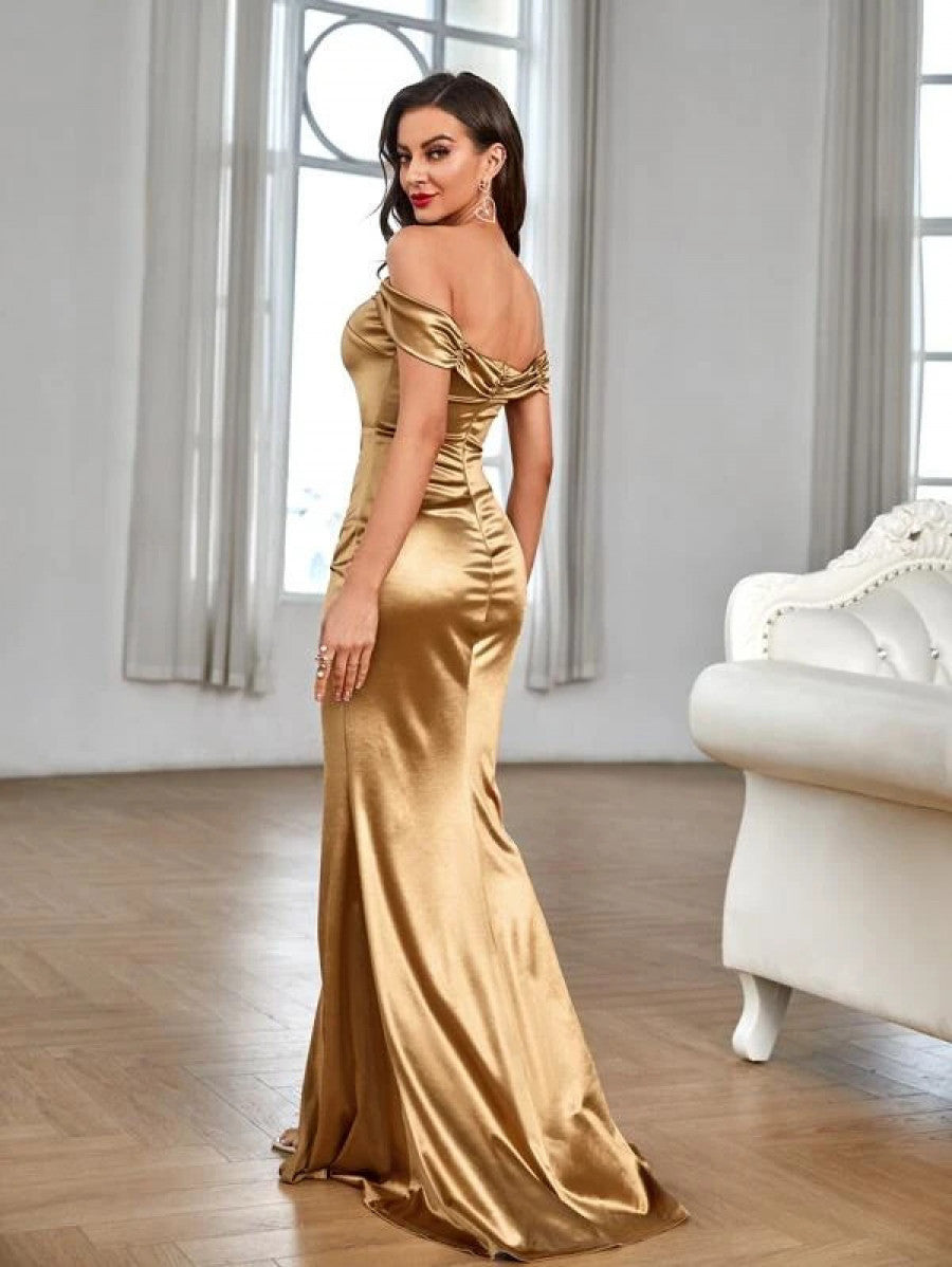 Ruched Off Shoulder Slit Thigh Satin Prom Dress