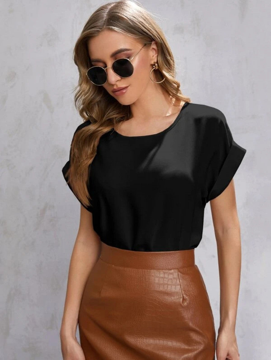 Solid Rolled Sleeve Blouse