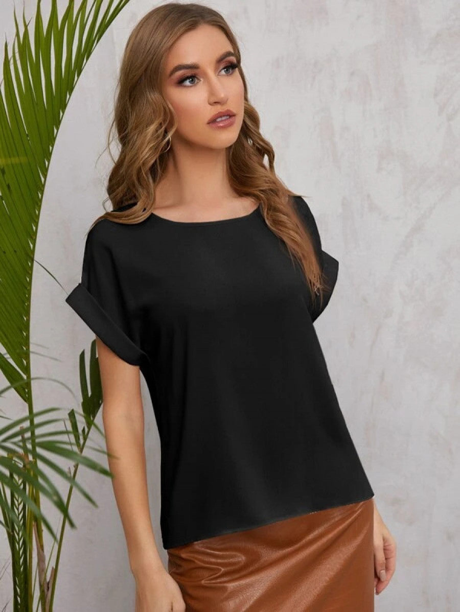 Solid Rolled Sleeve Blouse