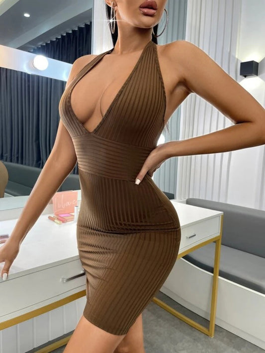 SXY Ribbed Knit Backless Halter Bodycon Dress