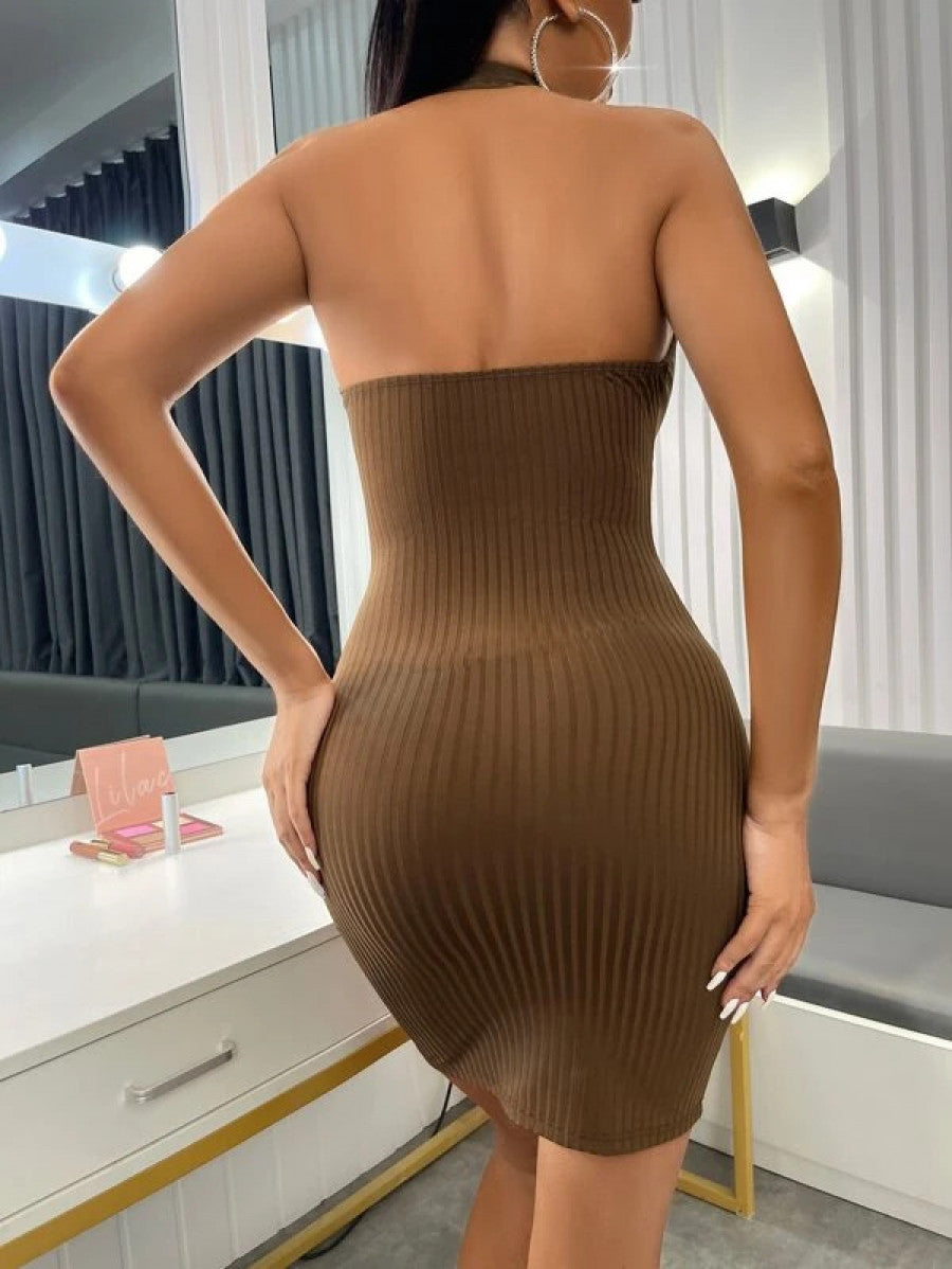 SXY Ribbed Knit Backless Halter Bodycon Dress