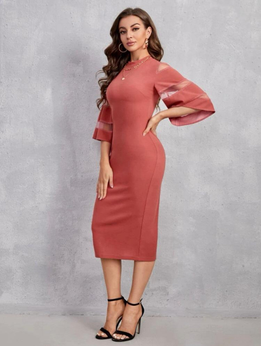 Solid Contrast Mesh Sleeve Split Hem Fitted Dress