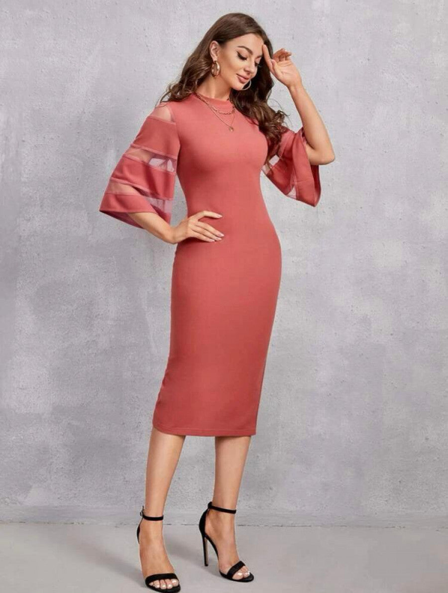 Solid Contrast Mesh Sleeve Split Hem Fitted Dress