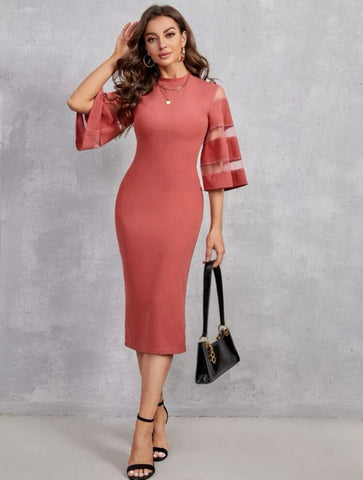 Solid Contrast Mesh Sleeve Split Hem Fitted Dress