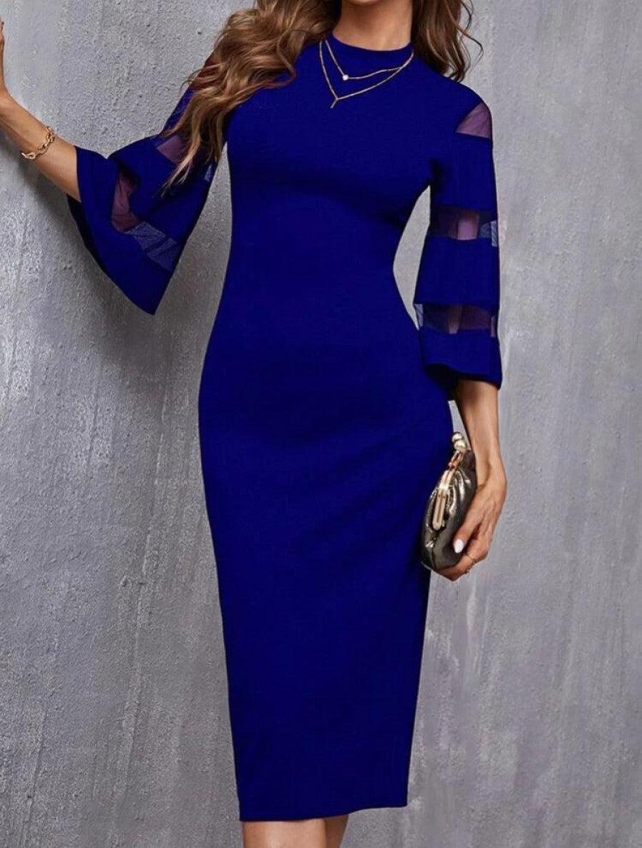 Solid Contrast Mesh Sleeve Split Hem Fitted Dress