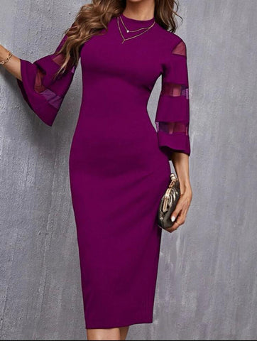 Solid Contrast Mesh Sleeve Split Hem Fitted Dress