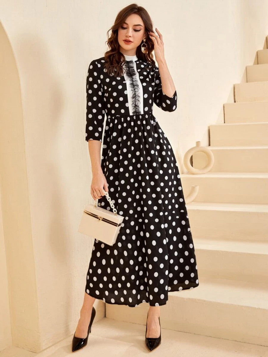 Mock Neck A-Line Polka Dot Print Contrast Lace Dress