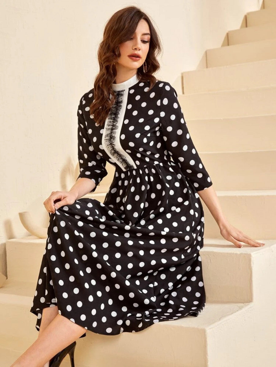 Mock Neck A-Line Polka Dot Print Contrast Lace Dress