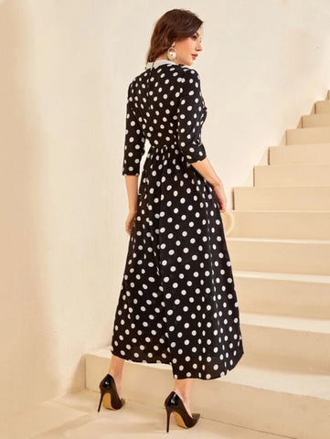 Mock Neck A-Line Polka Dot Print Contrast Lace Dress