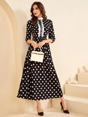 Mock Neck A-Line Polka Dot Print Contrast Lace Dress