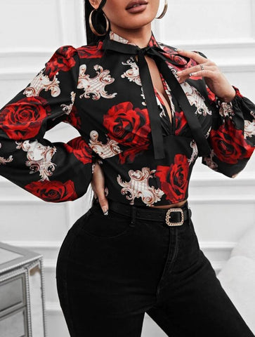 SXY Floral Print Lantern Sleeve Tie Neck Blouse