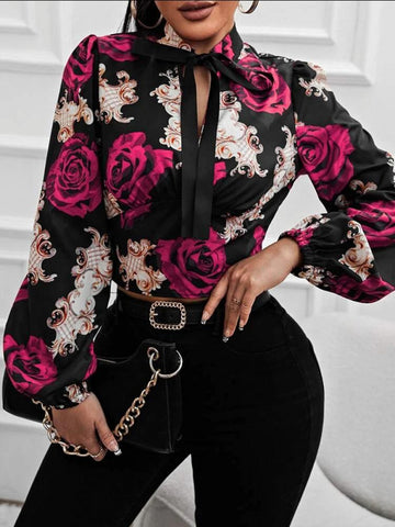 SXY Floral Print Lantern Sleeve Tie Neck Blouse