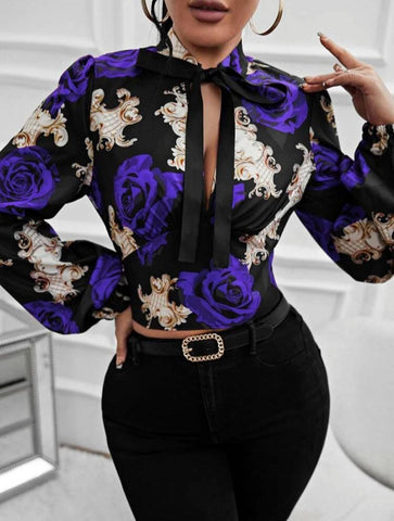 SXY Floral Print Lantern Sleeve Tie Neck Blouse