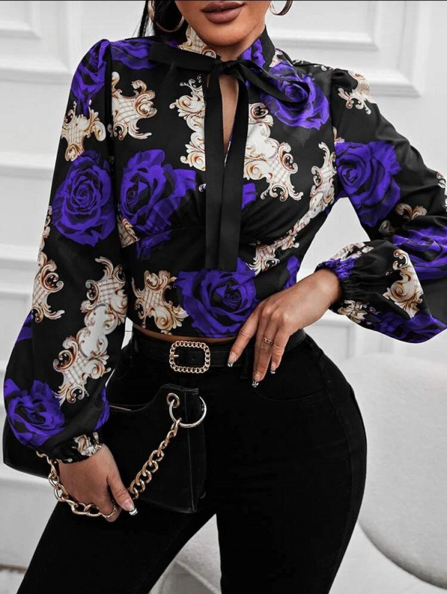 SXY Floral Print Lantern Sleeve Tie Neck Blouse