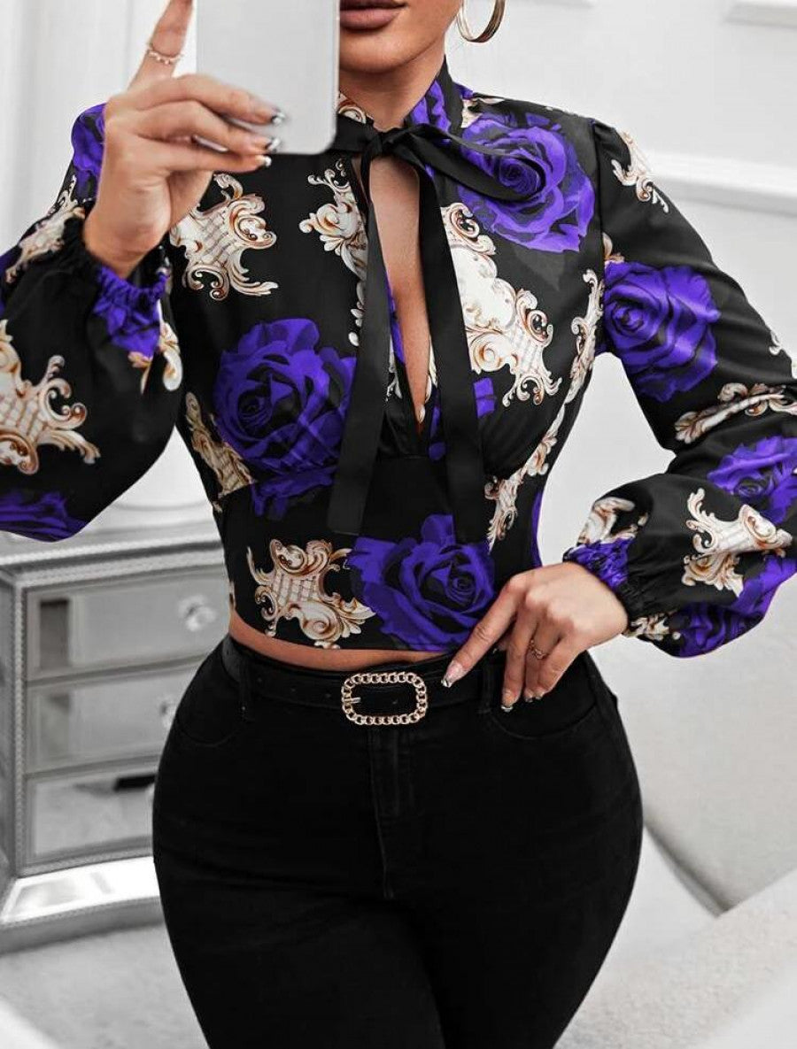 SXY Floral Print Lantern Sleeve Tie Neck Blouse