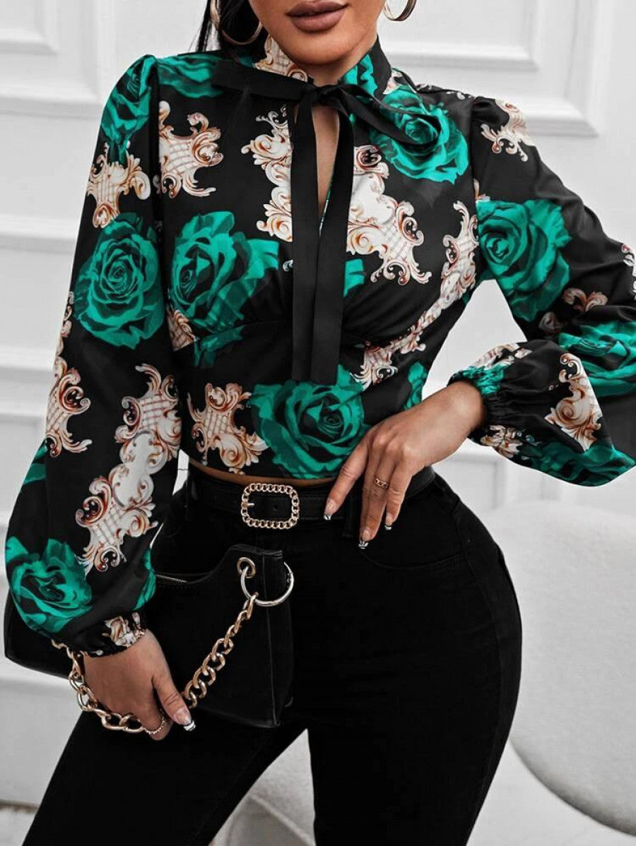 SXY Floral Print Lantern Sleeve Tie Neck Blouse