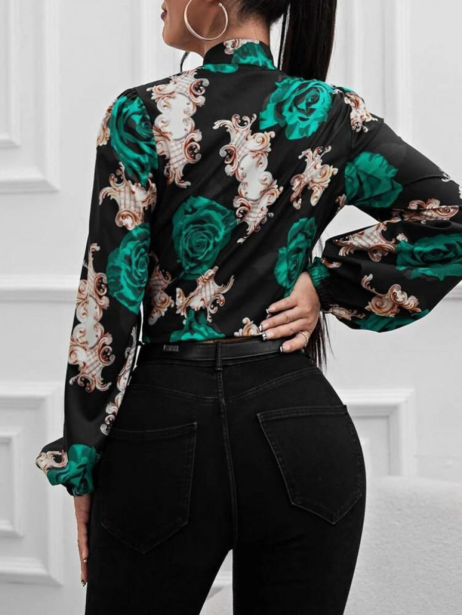 SXY Floral Print Lantern Sleeve Tie Neck Blouse