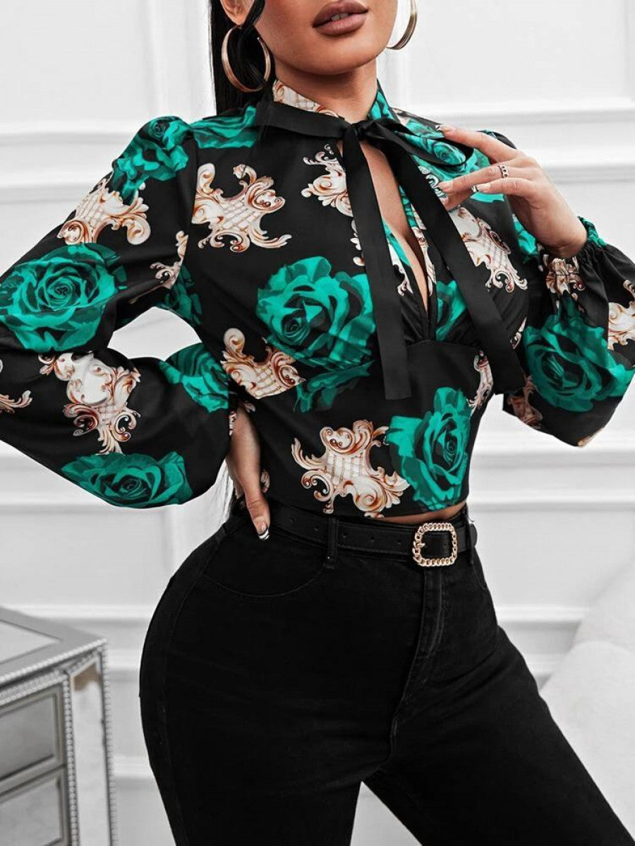 SXY Floral Print Lantern Sleeve Tie Neck Blouse