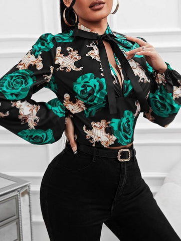 SXY Floral Print Lantern Sleeve Tie Neck Blouse