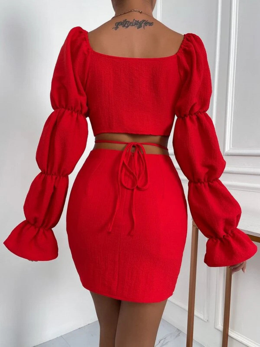 Cut Out Gathered Sleeve Flounce Cuff Crop Top & Bodycon Skirt