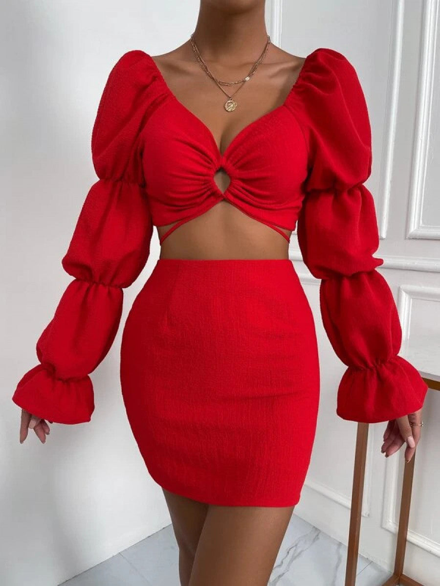 Cut Out Gathered Sleeve Flounce Cuff Crop Top & Bodycon Skirt