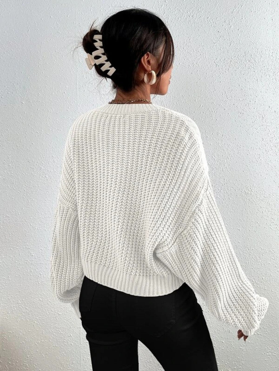 Solid Ribbed Knit Drop Shoulder Sweater