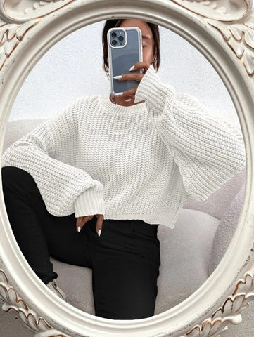 Solid Ribbed Knit Drop Shoulder Sweater