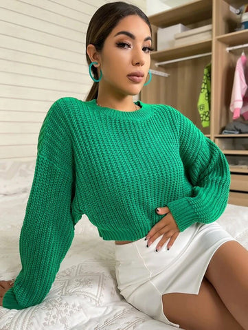 Solid Ribbed Knit Drop Shoulder Sweater