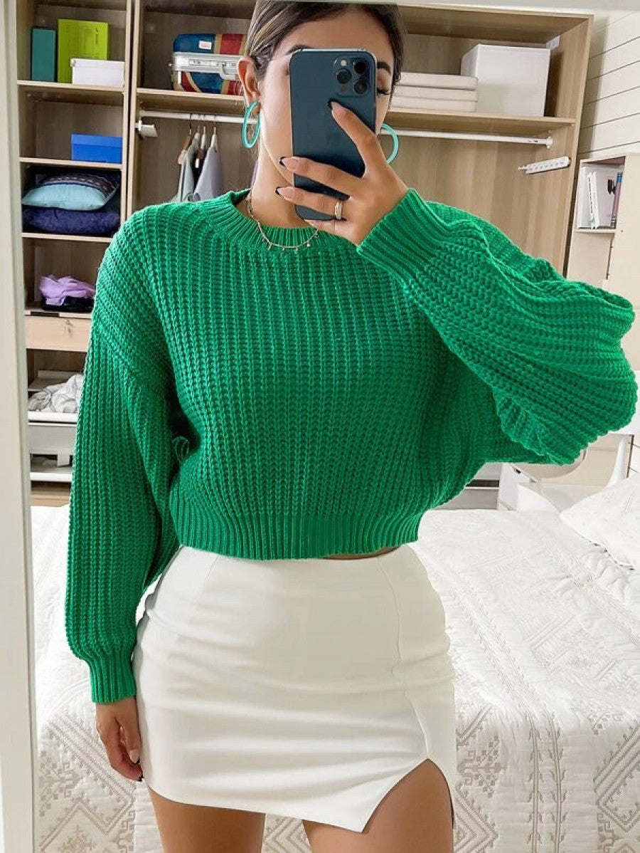 Solid Ribbed Knit Drop Shoulder Sweater