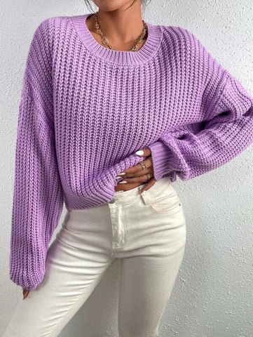 Solid Ribbed Knit Drop Shoulder Sweater