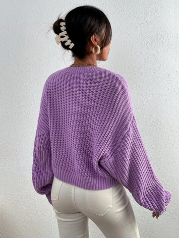 Solid Ribbed Knit Drop Shoulder Sweater