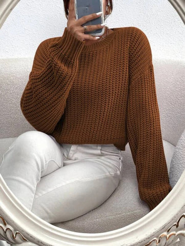 Solid Ribbed Knit Drop Shoulder Sweater