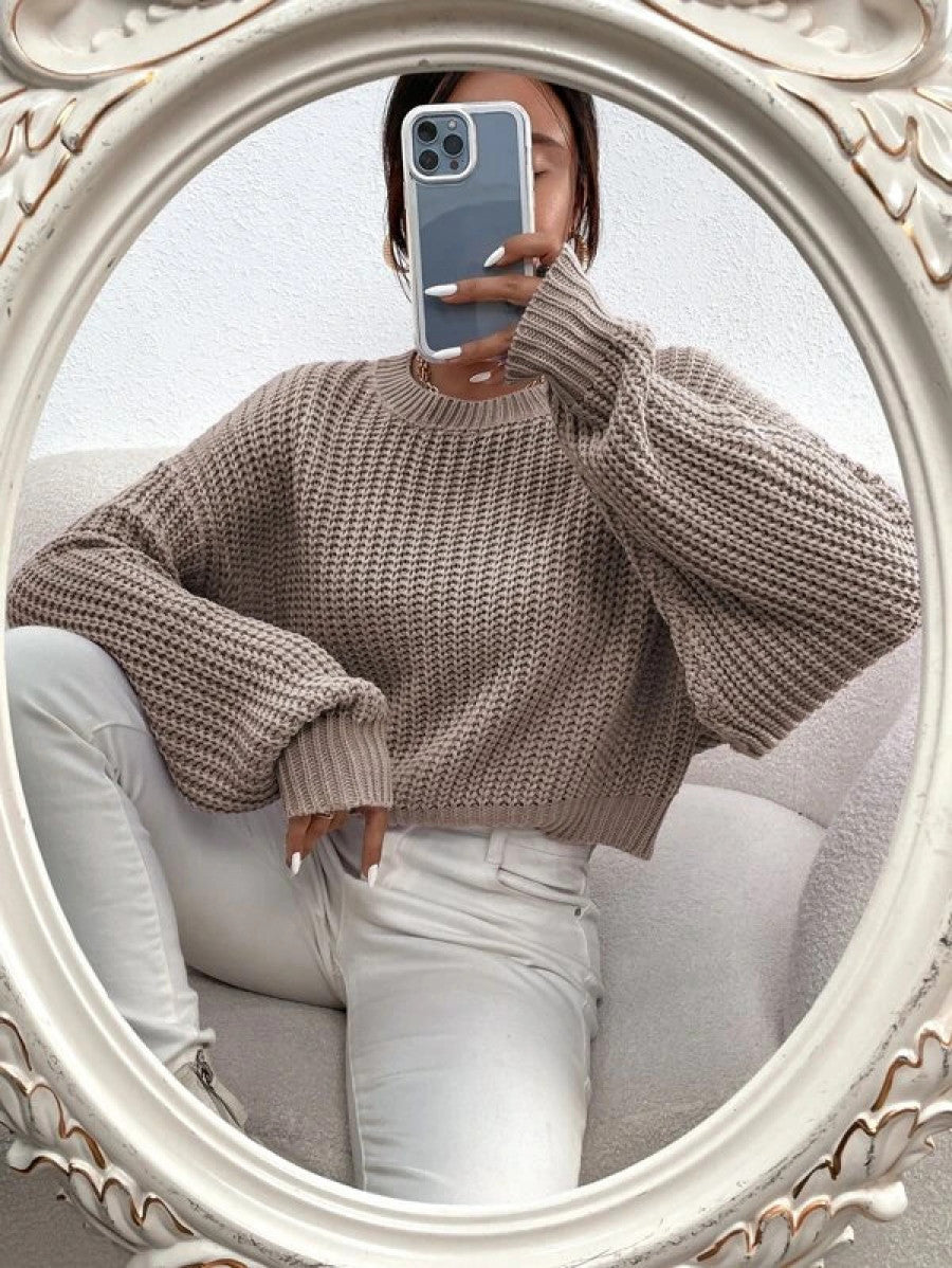 Solid Ribbed Knit Drop Shoulder Sweater