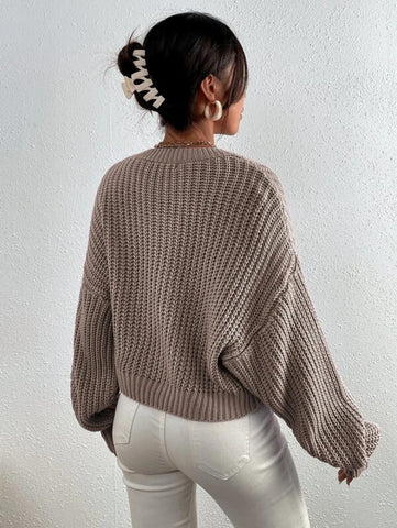 Solid Ribbed Knit Drop Shoulder Sweater