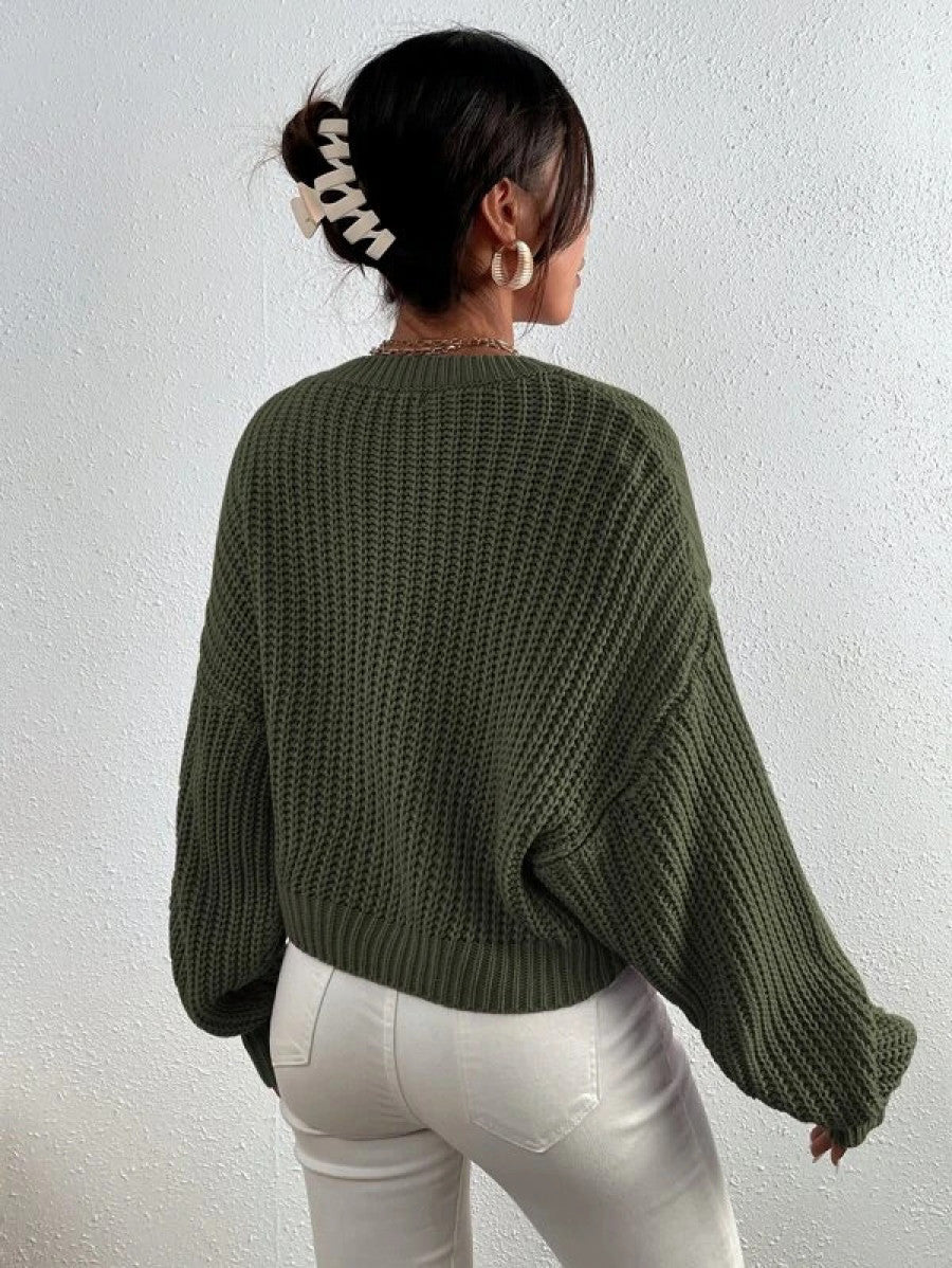 Solid Ribbed Knit Drop Shoulder Sweater