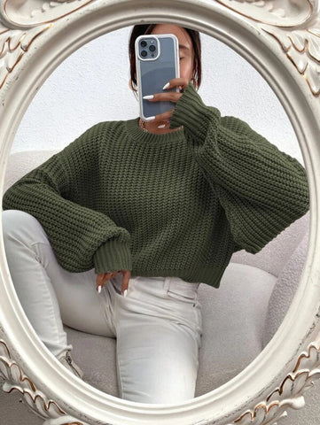 Solid Ribbed Knit Drop Shoulder Sweater