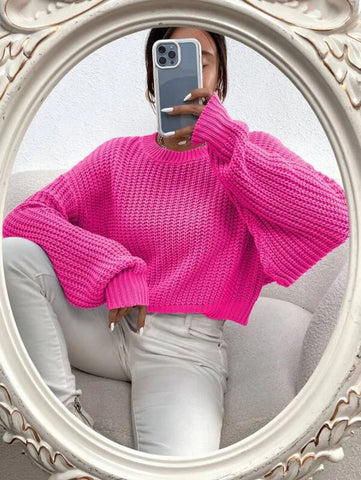 Solid Ribbed Knit Drop Shoulder Sweater