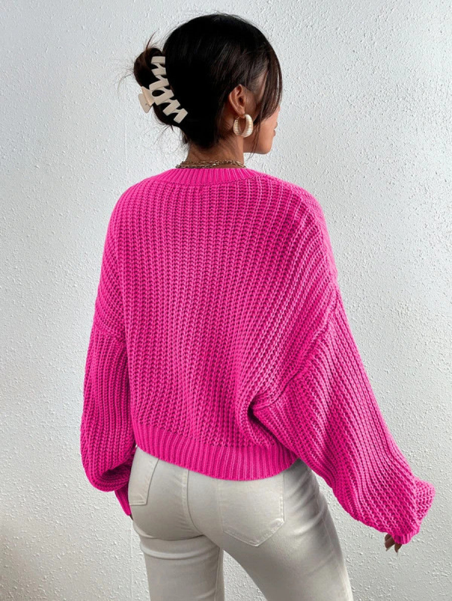 Solid Ribbed Knit Drop Shoulder Sweater