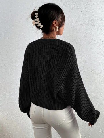 Solid Ribbed Knit Drop Shoulder Sweater