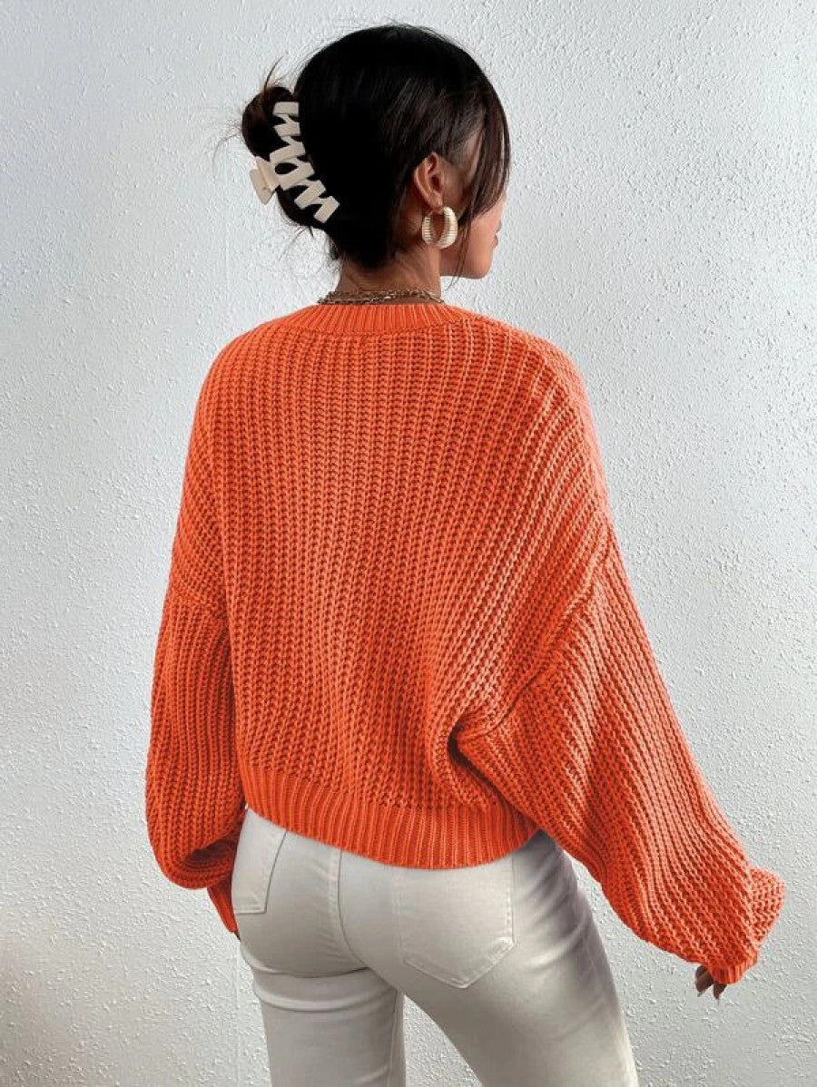 Solid Ribbed Knit Drop Shoulder Sweater