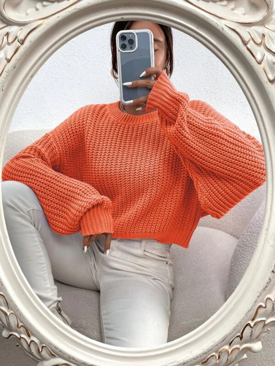 Solid Ribbed Knit Drop Shoulder Sweater