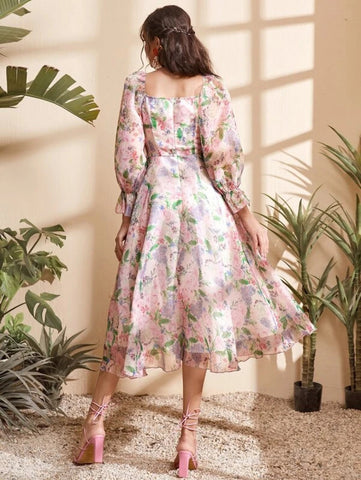 Floral Lantern Sleeve Dress