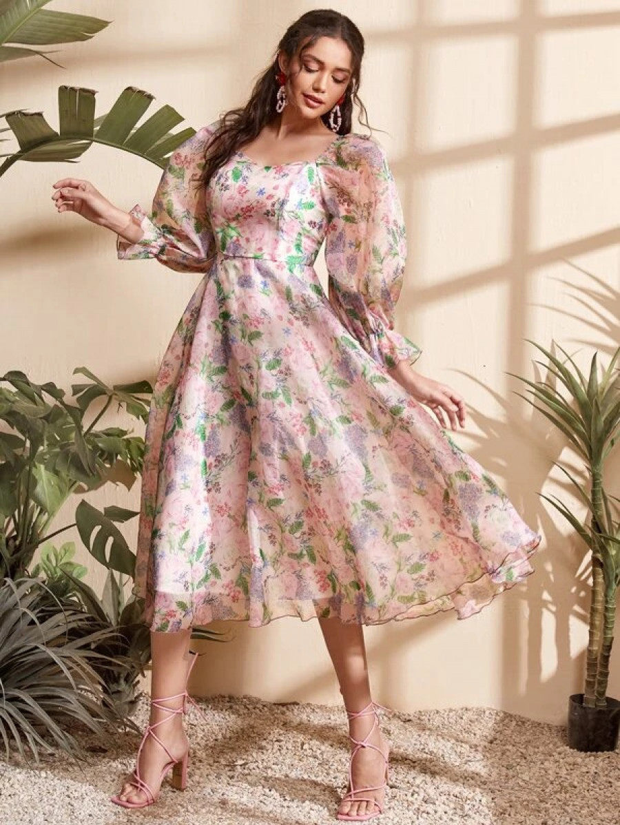 Floral Lantern Sleeve Dress