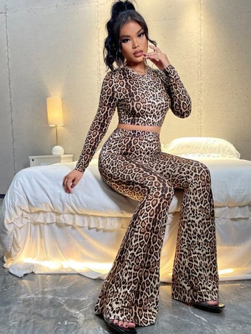 Leopard Print Crop Top & Flare Leg Pants