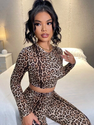 Leopard Print Crop Top & Flare Leg Pants