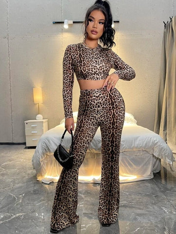 Leopard Print Crop Top & Flare Leg Pants